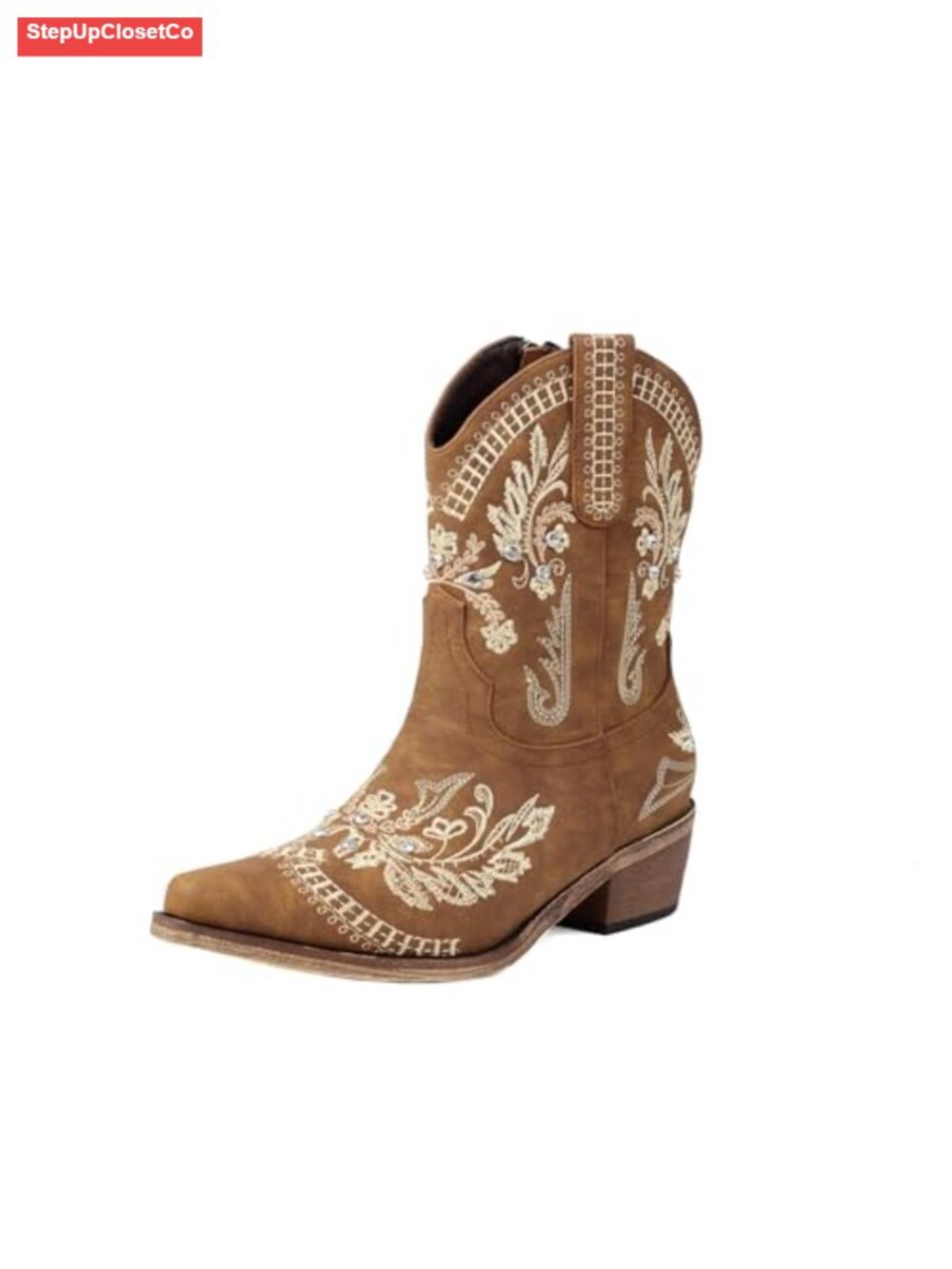 PU Leather Western Ankle Booties Pointed Toe Fringe Tassel Rhinestone Cowgirl